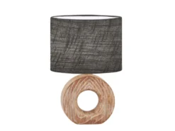 LED Tischlampe mit Keramikfuß Holzoptik & Leinenschirm Grau, Höhe 31cm