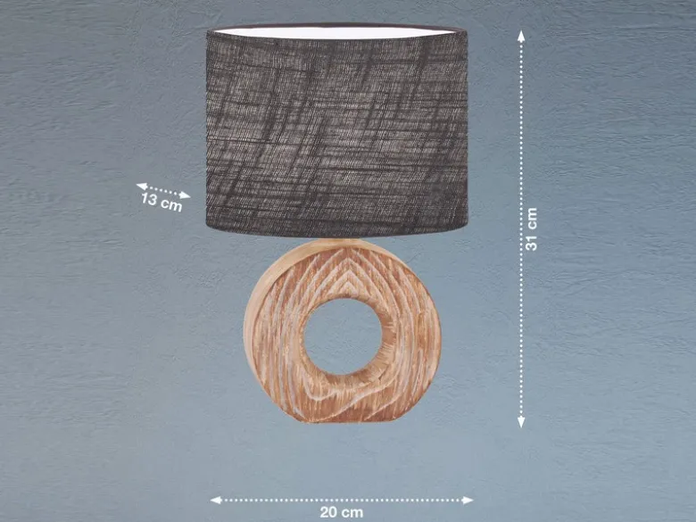 LED Tischlampe mit Keramikfuß Holzoptik & Leinenschirm Grau, Höhe 31cm