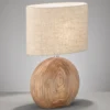 LED Tischlampe mit Keramikfuß Holzfarben & Lampenschirm Leinen Beige, Höhe 53cm