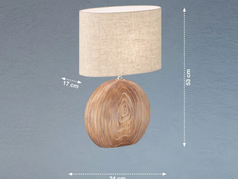LED Tischlampe mit Keramikfuß Holzfarben & Lampenschirm Leinen Beige, Höhe 53cm