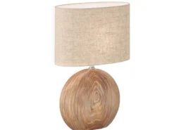 LED Tischlampe mit Keramikfuß Holzfarben & Lampenschirm Leinen Beige, Höhe 53cm