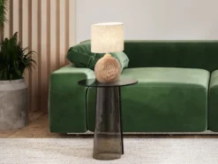 LED Tischlampe mit Keramikfuß Holzfarben & Lampenschirm Leinen Beige, Höhe 53cm