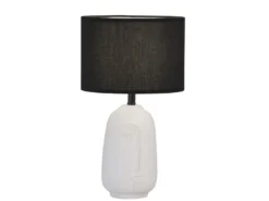 LED Tischlampe mit Keramikfuß Weiß & Leinenschirm Schwarz, Höhe 39cm