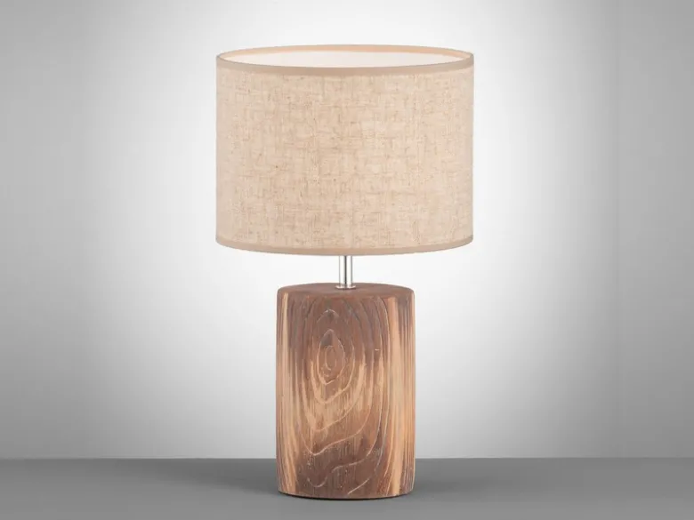 LED Tischlampe mit Leinenschirm Beige & Betonfuß Holzoptik, Höhe 43cm