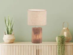 LED Tischlampe mit Leinenschirm Beige & Betonfuß Holzoptik, Höhe 43cm