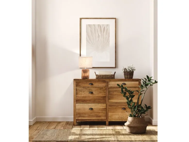 LED Tischlampe mit Leinenschirm Beige & Betonfuß Holzoptik, Höhe 35cm