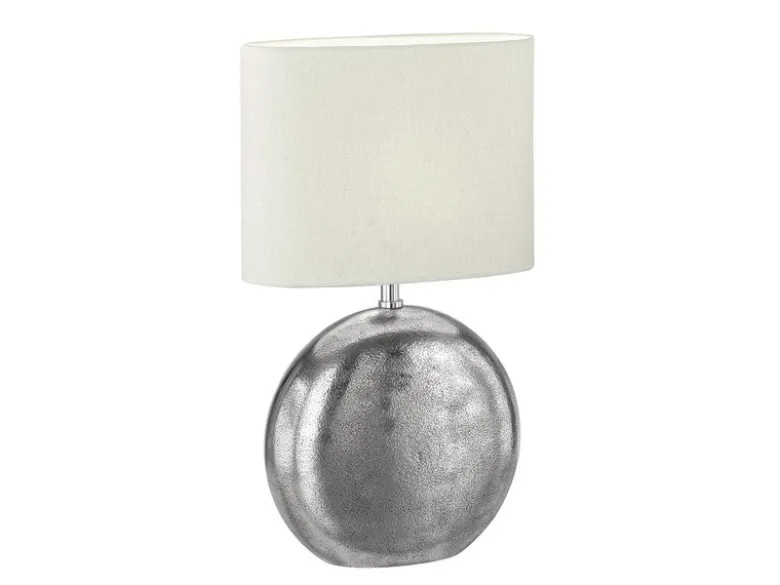 LED Tischlampe mit Metallfuß Silber Antik & Leinenschirm Beige, Höhe 51cm