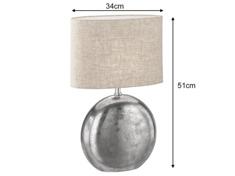 LED Tischlampe mit Metallfuß Silber Antik & Leinenschirm Beige, Höhe 51cm