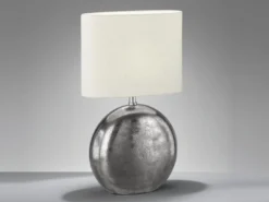 LED Tischlampe mit Metallfuß Silber Antik & Leinenschirm Beige, Höhe 51cm