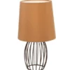 LED Tischleuchte AKIN mit braunem Stoffschirm und Metallgitter, Höhe 29cm