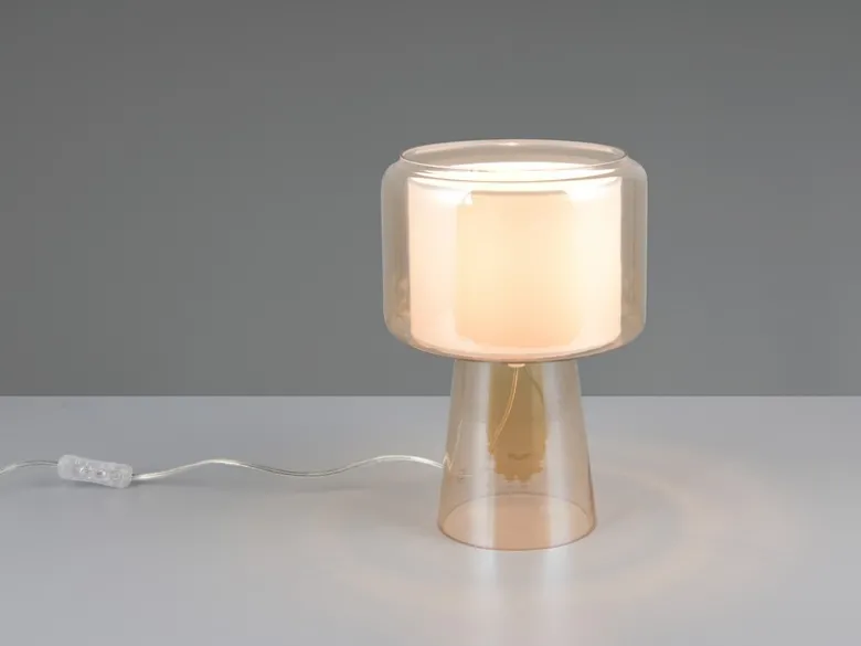 LED Tischleuchte aus Glas Bernsteinfarben mit Stoffschirm innen, Höhe 29cm