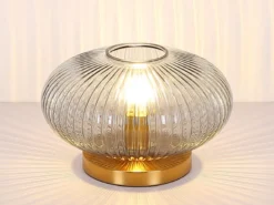 LED Tischleuchte aus Rauchglas Rillenglas Messing, Höhe 20cm