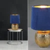 LED Tischleuchte Blau/Gold Keramikfuß Samtschirm, Höhe 26cm