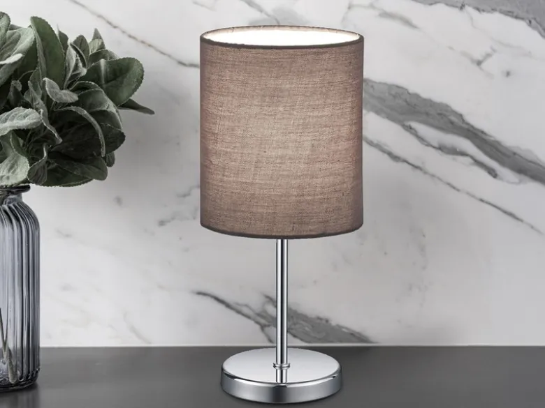 LED Tischleuchte Chrom mit Stoffschirm in Grau, Höhe 28cm