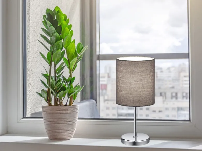 LED Tischleuchte Chrom mit Stoffschirm in Grau, Höhe 28cm