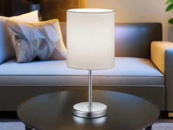 LED Tischleuchte Chrom mit Stoffschirm in Weiß, Höhe 28cm