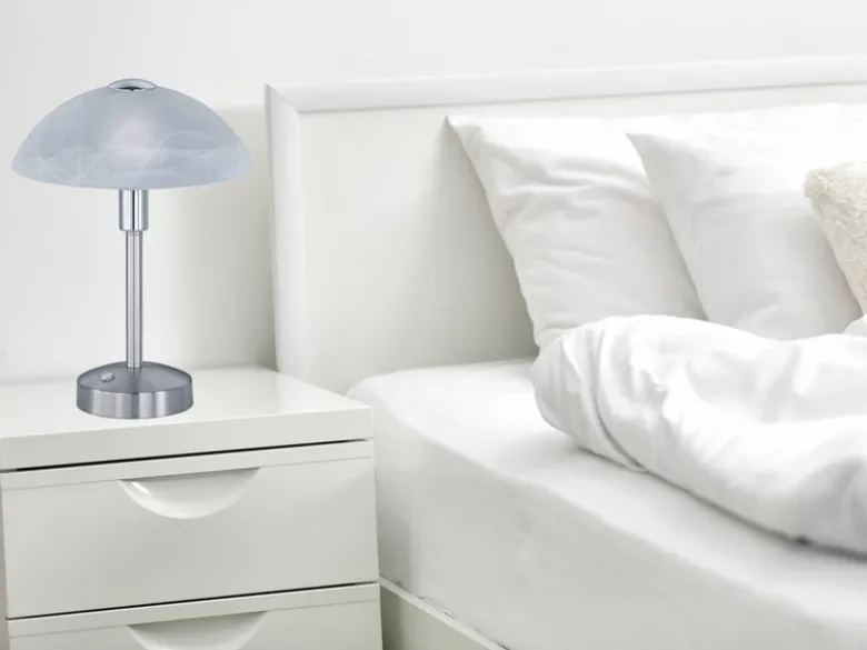 LED Tischleuchte DONNA dimmbar, Silber mit Glasschirm, Höhe 30cm