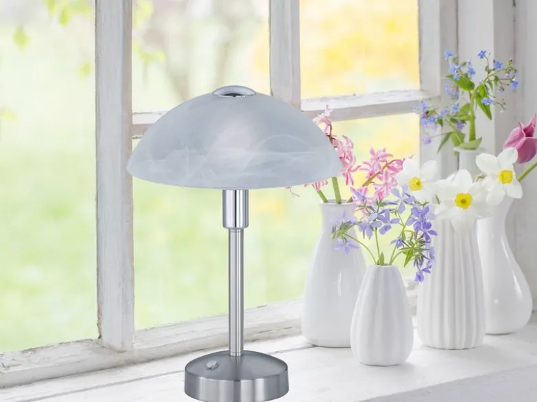 LED Tischleuchte DONNA dimmbar, Silber mit Glasschirm, Höhe 30cm