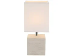 LED Tischleuchte eckig Weiß mit Keramikfuß und Stoffschirm, Höhe 29cm