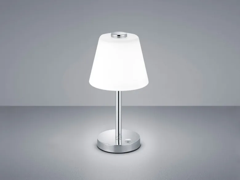 LED Tischleuchte EMERALD Chrom glänzend mit Glaslampenschirm in Weiß, Höhe 29cm