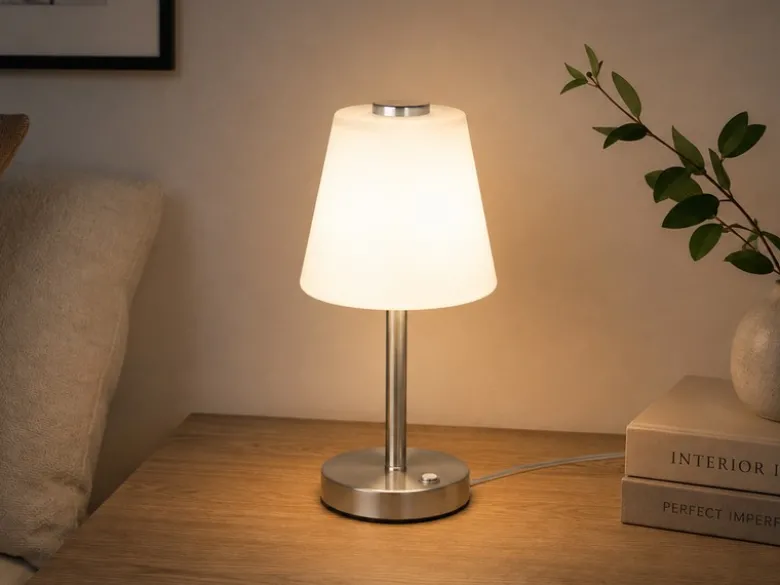 LED Tischleuchte EMERALD Silber matt, Glaslampenschirm Weiß, Höhe 29cm