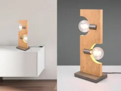 LED Tischleuchte 2 flammig Holzbrett naturbelassen, Höhe 52cm