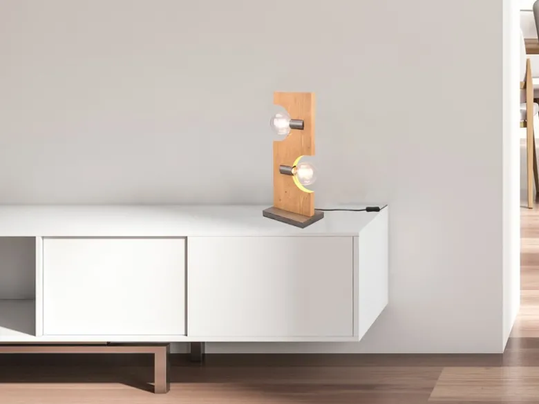 LED Tischleuchte 2 flammig Holzbrett naturbelassen, Höhe 52cm