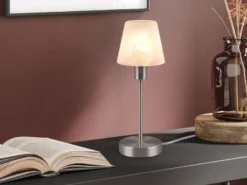 LED Tischleuchte Glasschirm Weiß Sockel Silber - Touch dimmbar, Höhe 32cm