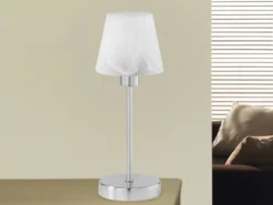 LED Tischleuchte Glasschirm Weiß Sockel Silber - Touch dimmbar, Höhe 32cm