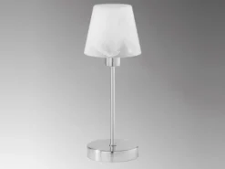 LED Tischleuchte Glasschirm Weiß Sockel Silber - Touch dimmbar, Höhe 32cm