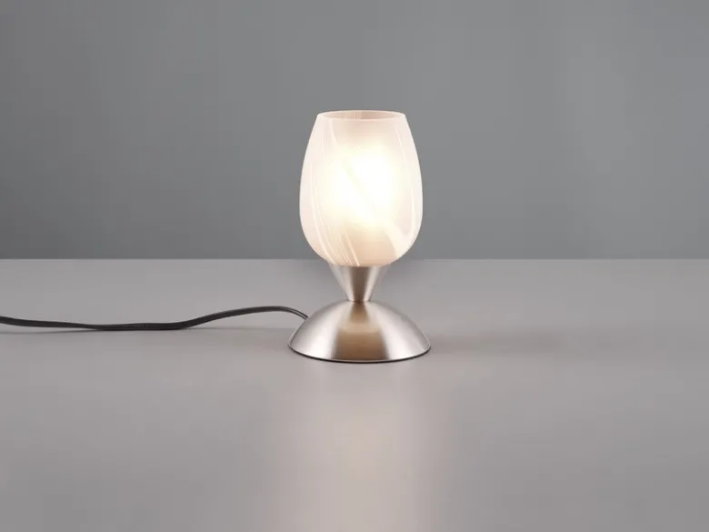 LED Tischleuchte Glasschirm Weiß marmoriert, Silber - Touch dimmbar, Höhe 18cm
