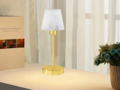 LED Tischleuchte Glasschirm Weiß Sockel Messing - Touch dimmbar, Höhe 32cm