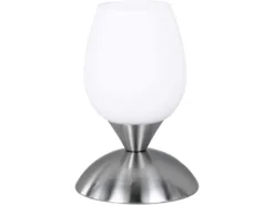 LED Tischleuchte Glasschirm Weiß, Sockel Silber - Touch dimmbar, Höhe 18cm