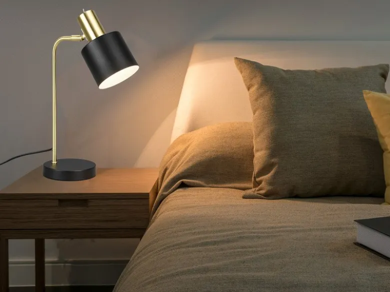 LED Tischleuchte Gold & Metallschirm Schwarz, Höhe 44cm