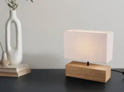 LED Tischleuchte Holzfuß mit Stoffschirm in Weiß, Höhe 30cm