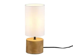 LED Tischleuchte Holzfuß mit Stoffschirm in Weiß, Höhe 30cm