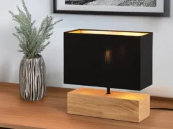 LED Tischleuchte Holzfuß Stoffschirm Schwarz/Gold, Höhe 30cm