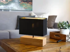 LED Tischleuchte Holzfuß Stoffschirm Schwarz/Gold, Höhe 30cm