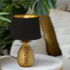 LED Tischleuchte Keramik Ananas Gold mit Stoffschirm Schwarz Gold, Höhe 43cm