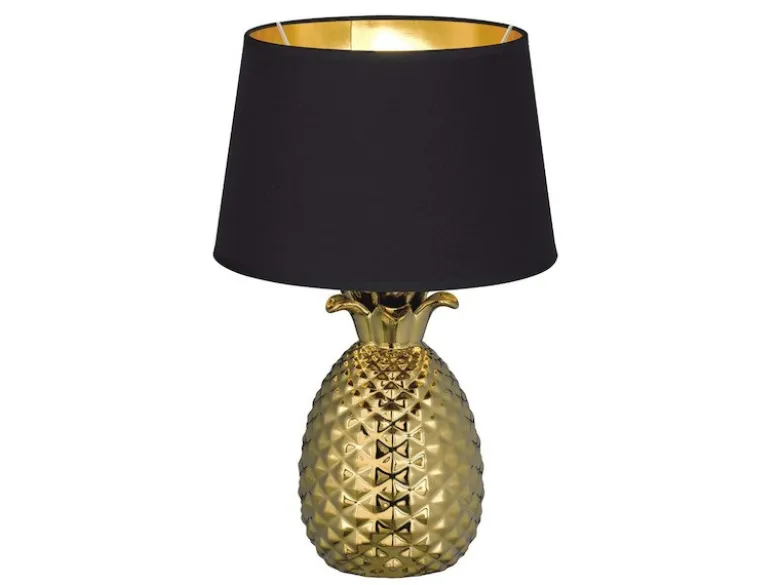 LED Tischleuchte Keramik Ananas Gold mit Stoffschirm Schwarz Gold, Höhe 43cm