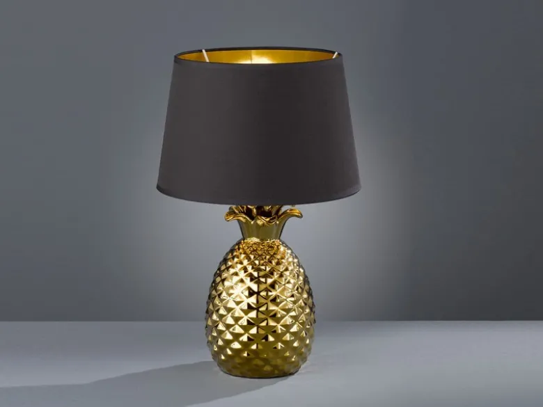 LED Tischleuchte Keramik Ananas Gold mit Stoffschirm Schwarz Gold, Höhe 43cm