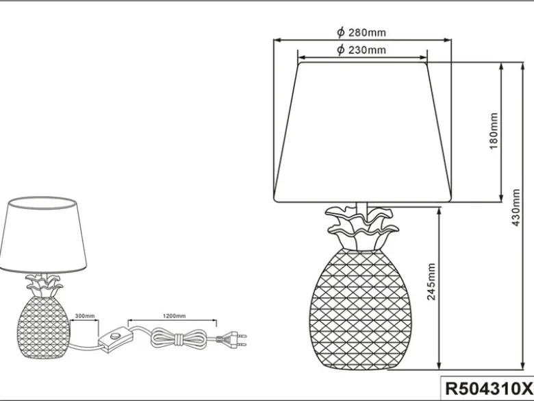 LED Tischleuchte Keramik Ananas Gold mit Stoffschirm Schwarz Gold, Höhe 43cm