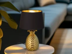 LED Tischleuchte Keramik Ananas Gold mit Stoffschirm Schwarz Gold, Höhe 43cm