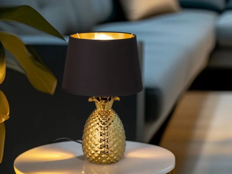 LED Tischleuchte Keramik Ananas Gold mit Stoffschirm Schwarz Gold, Höhe 43cm