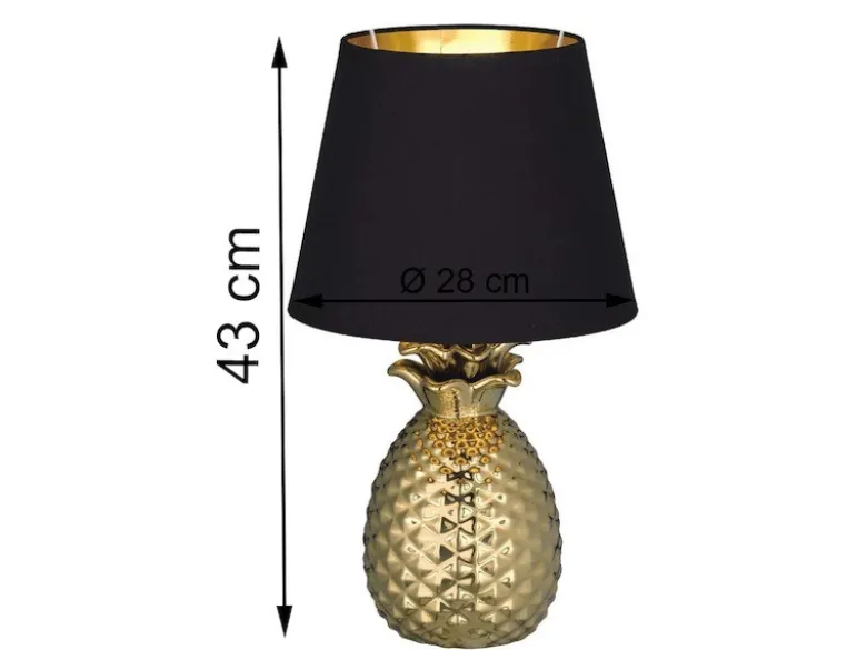 LED Tischleuchte Keramik Ananas Gold mit Stoffschirm Schwarz Gold, Höhe 43cm
