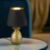 LED Tischleuchte Keramik Ananas Gold mit Stoffschirm Schwarz Gold, Höhe 35cm