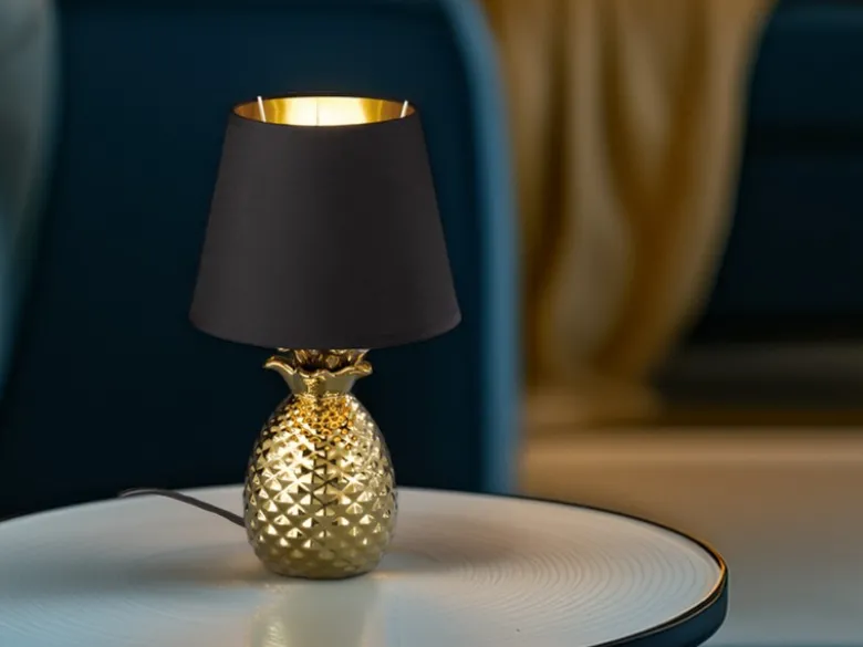 LED Tischleuchte Keramik Ananas Gold mit Stoffschirm Schwarz Gold, Höhe 35cm