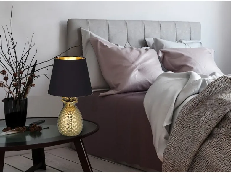 LED Tischleuchte Keramik Ananas Gold mit Stoffschirm Schwarz Gold, Höhe 35cm