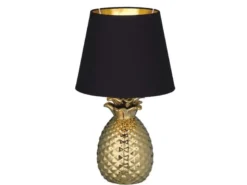LED Tischleuchte Keramik Ananas Gold mit Stoffschirm Schwarz Gold, Höhe 35cm