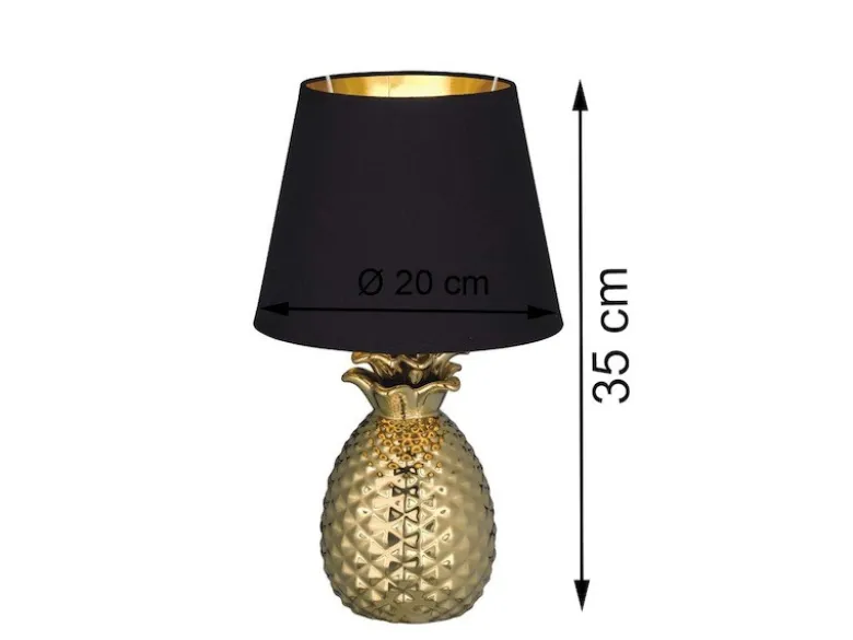 LED Tischleuchte Keramik Ananas Gold mit Stoffschirm Schwarz Gold, Höhe 35cm